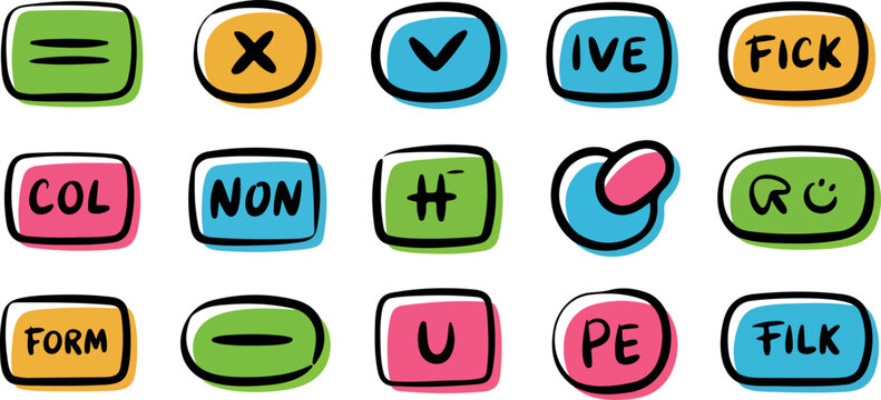 Collection of colorful hand drawn buttons with various symbols and words on transparent background.
