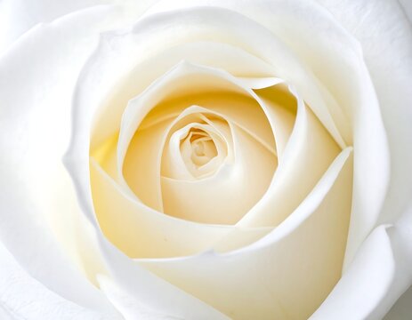 Creamy white rose blossom, layers of petals gracefully unfold towards a soft, golden core