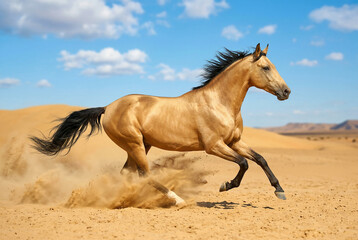 Akhal-Teke horse running on sand against blue sky.