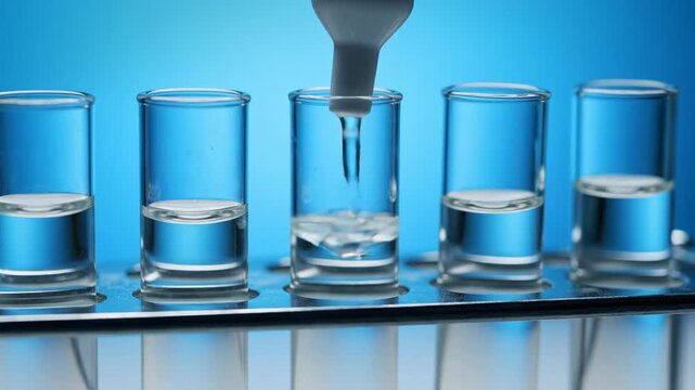 Glass test tubes on a rack with a dropper adding liquid to one of them on blue background 4k video