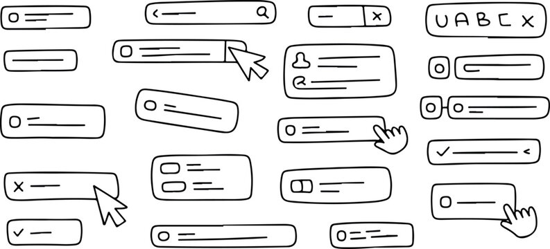 Hand drawn user interface elements and cursors for web design and digital applications.