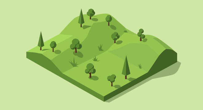 Green rolling hills with scattered trees isometric view.