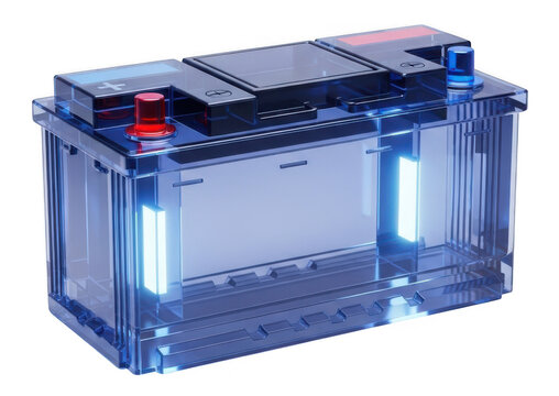 Transparent car battery with glowing blue lights and red and blue terminals on top