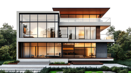Fototapeta premium A modern multi-story house with large windows and a spacious balcony surrounded by lush greenery