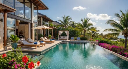 Obraz premium Luxury villa with pool and tropical landscape on a sunny day vacation