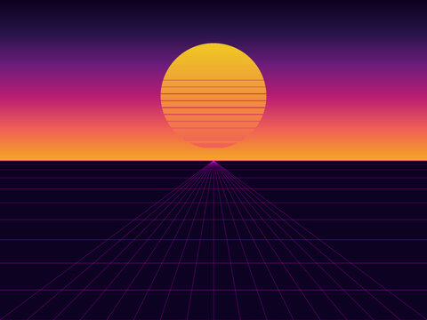 80s Retrowave Sun Horizon Perspective Grid Poster Art