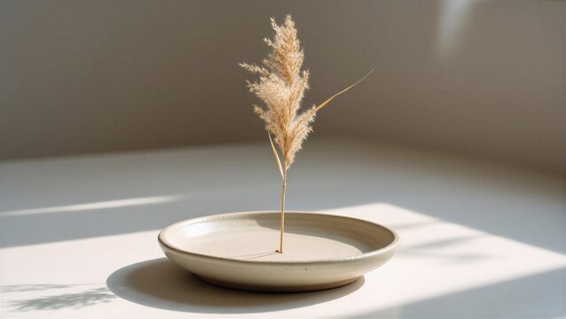 A single dried pampas grass stem in a minimalist ceramic bowl, bathed in soft sunlight, expressed calm and serene simplicity.