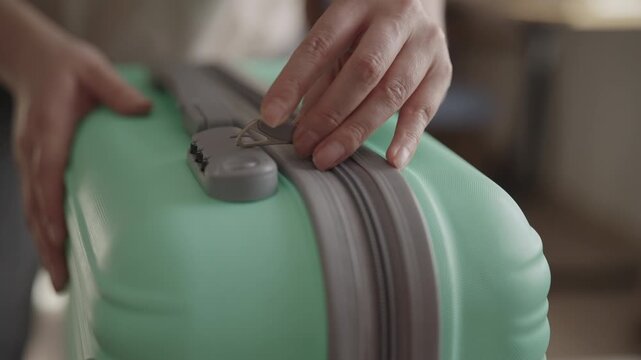 Hands of female traveler securing light green hard shell suitcase, engaging zipper pulls into built in combination lock before departing for trip, slow motion. Concept of travel organization.