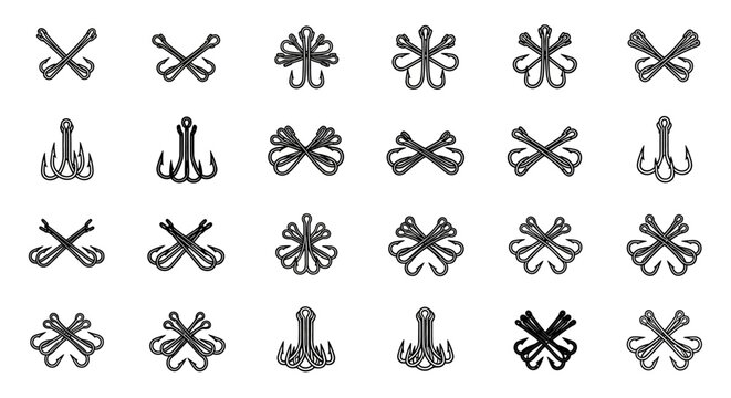 Collection of fishing hooks and lures arranged in a grid pattern showcasing various designs and shapes presented as graphic icons on a clean white background representing angling