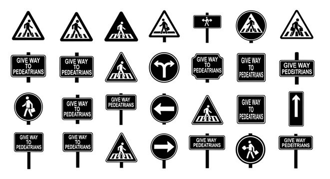 Collection of black and white pedestrian crossing and give way signs isolated on white background symbolizing traffic safety road rules and urban navigation for drivers and walkers