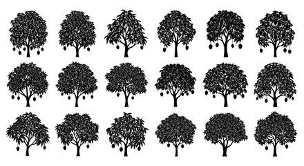 Collection of silhouetted mango trees with ripe fruit isolated on white background various shapes and sizes illustrating growth and nature's bounty perfect for design elements © Kamola