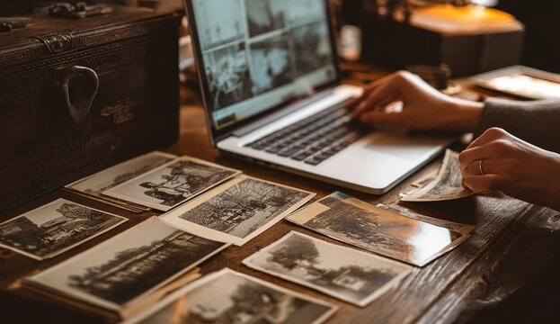 A person with a gold wedding ring carefully organizes a vast collection of antique photographs spread across a rustic wooden table next to a laptop