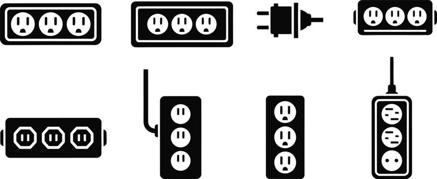 Collection of electrical outlet and plug icons in black and white with extension cord