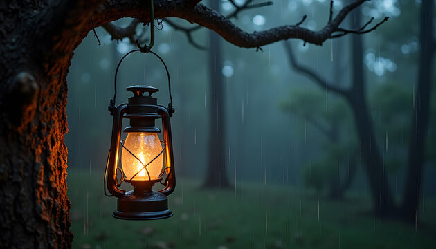 Hanging Lantern Illuminates Misty Forest in the Rain