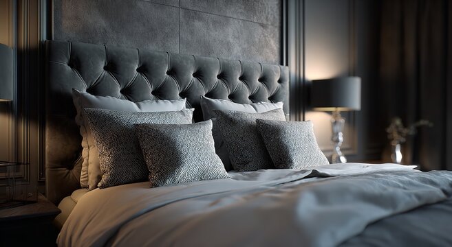 Meticulously arranged patterned grey pillows rest against a dark tufted velvet headboard in a contemporary bedroom illuminated by soft evening lamp light glow