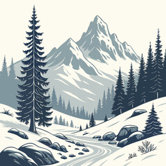 Fototapeta premium Beautiful winter landscape. Natural scenery with snow capped mountains, rocks, spruce forest and hills with snowdrifts. Wild panorama in cold weather season. Cartoon flat vector .