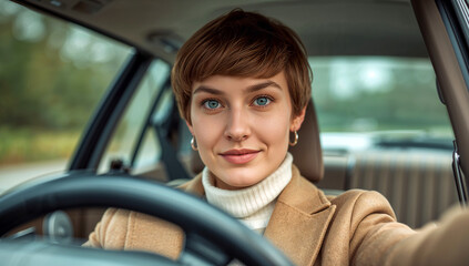Obraz premium Confident young woman with short brown hair and bright blue eyes smiling directly at the viewer, comfortably seated behind the steering wheel of her modern car.