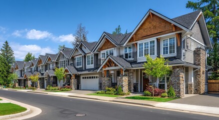 Obraz premium Contemporary multi-story residential buildings showcasing warm cedar wood shingle accents and decorative stone pillars line a quiet suburban neighborhood street