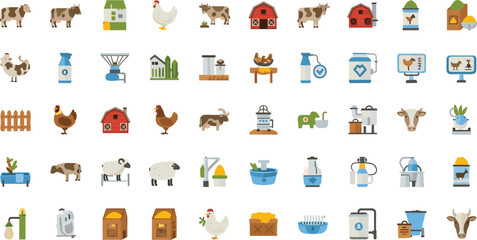 Obraz premium Set of Farm and Livestock Related Icons Featuring Cows, Chickens, Barns, and Farming Equipment for Agricultural Use