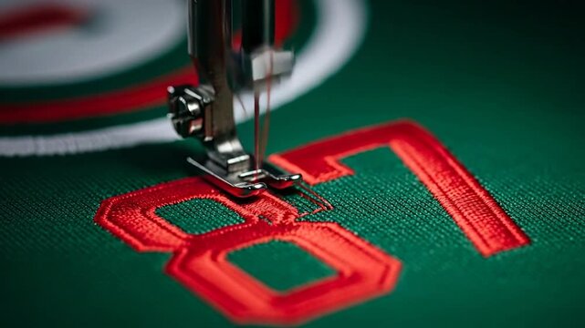 Single Object Industrial Sewing Machine Embroidering Red Number Eight Seven on Green Fabric