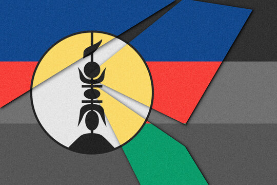Abstract Composition Featuring New Caledonia Flag Colors and Traditional Kanak Arrow Symbol