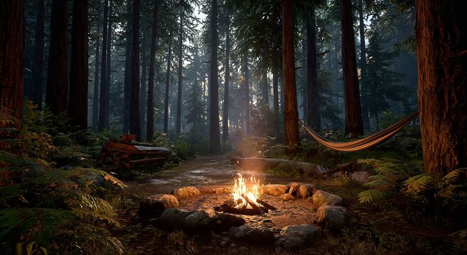 The golden light of a crackling campfire illuminates a dark forest floor surrounded by massive redwood trees and a hammock under a night sky environment