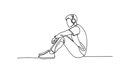 Fototapeta premium A young man in headphones sits alone, contemplating in a minimalist single-line drawing representing introspection.