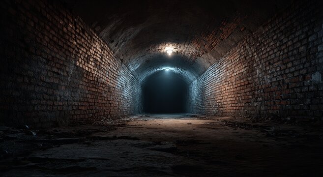 A weathered brick tunnel is dimly lit by a single overhead electric lamp that casts dramatic shadows along the rugged stone floor and arched ceiling