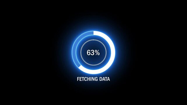 Loading screen animation fetching data circle progress bar on black background with white text and circular indicator. Fetching data 0 to 100 loading animation video.