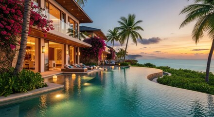 Fototapeta premium Luxury villa with infinity pool overlooking ocean sunset scene
