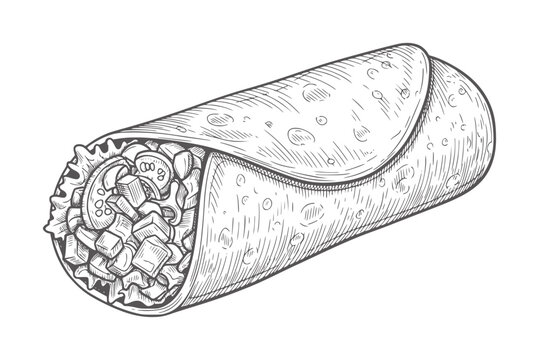 Hand drawn of a filled burrito with visible ingredients food monochrome