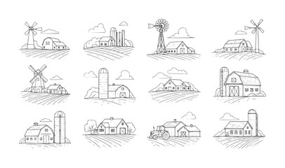Naklejka premium Set of twelve line farm scenes with barns windmills and silos tractor