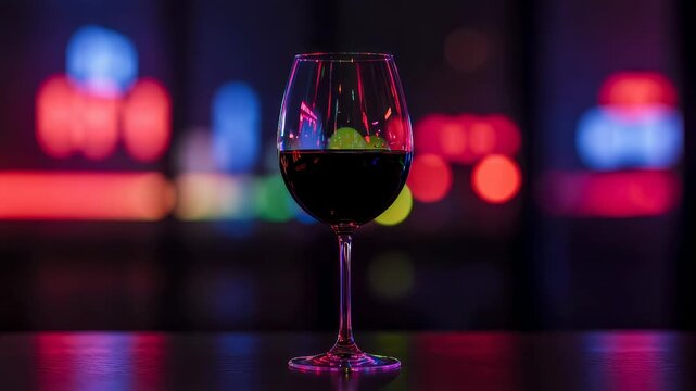 Red wine glass placed on surface against blurred neon city background at night. Alcoholic beverage in crystal stemware for celebration, leisure and bar nightlife.