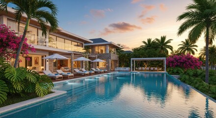 Fototapeta premium Luxury villa with swimming pool and palm trees at sunset tropical vacation concept