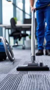 Professional cleaner vacuuming a carpeted office floor with a vacuum cleaner in a modern workspace