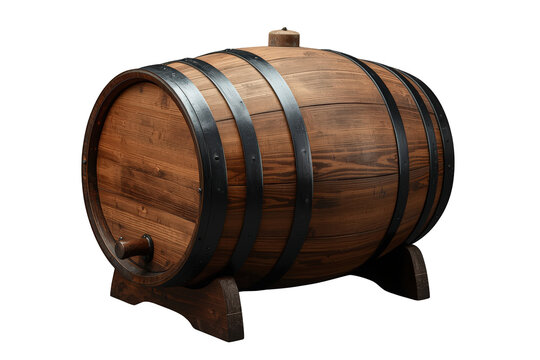 Wooden oak barrel for aging wine, whiskey, beer, and other alcoholic beverages on a stand, isolated on transparent background
