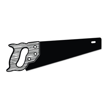 A detailed illustration of a handsaw with a metal handle and black blade