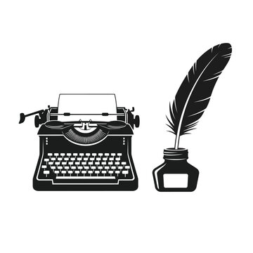 Vintage typewriter and feather pen on a desk indoors closeup