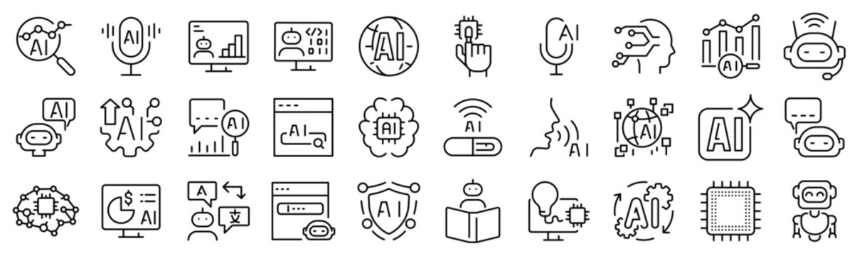 Modern artificial intelligence and machine learning icon set including neural networks, data processing, automation, analytics and AI applications. Clean outline vector icons for SaaS, apps and UI des