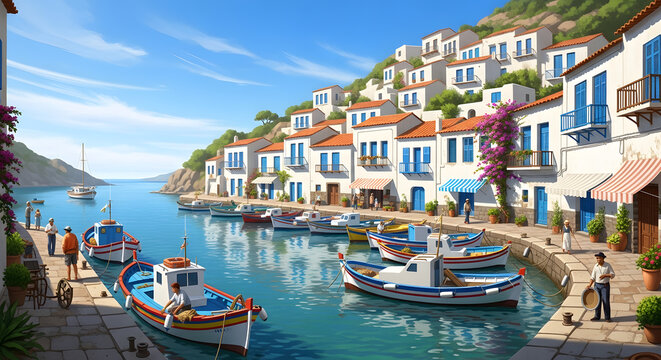  "Charming Mediterranean harbor village with colorful traditional fishing boats (caiques) moored in calm turquoise water. Whitewashed buildings with blue shutters on a hillside, sunny day."

