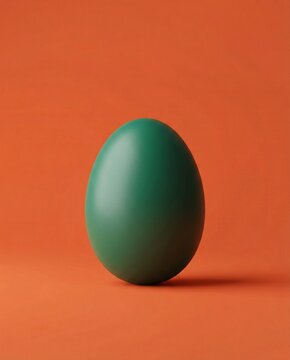 Minimalist centered jade green Easter egg with a smooth matte finish on a flat persimmon orange background. Bold complementary color contrast editorial still-life for spring holiday.