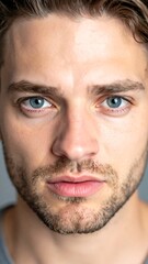 Obraz premium Close-up of a fair-skinned man with blue eyes, stubble, and light brown hair, gazing directly at the viewer with a neutral expression