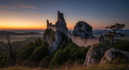 Obraz premium Ancient stone castle ruins against a sunrise landscape background