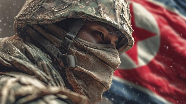 A soldier&rsquo;s face is wrapped in a scarf, the North Korean flag&rsquo;s colors vivid in the background. The intense image symbolizes resilience, secrecy, and the stark reality of military life.