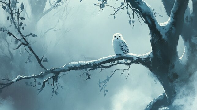 Snowy owl perched on winter branch, misty forest background, fantasy art