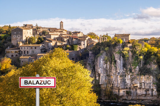 Balazuc village, one of the most beautiful villages,  with added town sign illustration - France