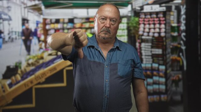Man shows thumb down with outstretched arm in street market stall, pointing thumb toward camera; disapproval protest.