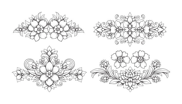Four ornate floral decorative in black and white line ornament flourish scroll