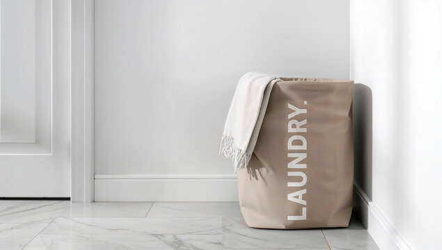 Beige fabric laundry hamper with "LAUNDRY." text and a soft white blanket draped over the top, standing on a polished marble floor in a minimalist home.