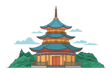 Fototapeta premium A colorful illustration of a traditional Asian pagoda temple surrounded by lush greenery and clouds